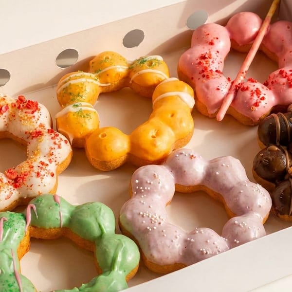 A box of colorful mochi donuts with various toppings, including s'mores, strawberry, and matcha.
