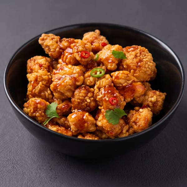 Crispy orange chicken bites with chili, cilantro, and sesame seeds in a black bowl.