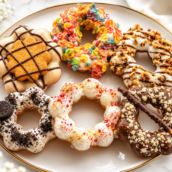 A white plate holds six colorful, uniquely shaped donuts with various toppings.