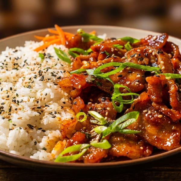 A plate of orange chicken with white rice, garnished with green onions and sesame seeds.