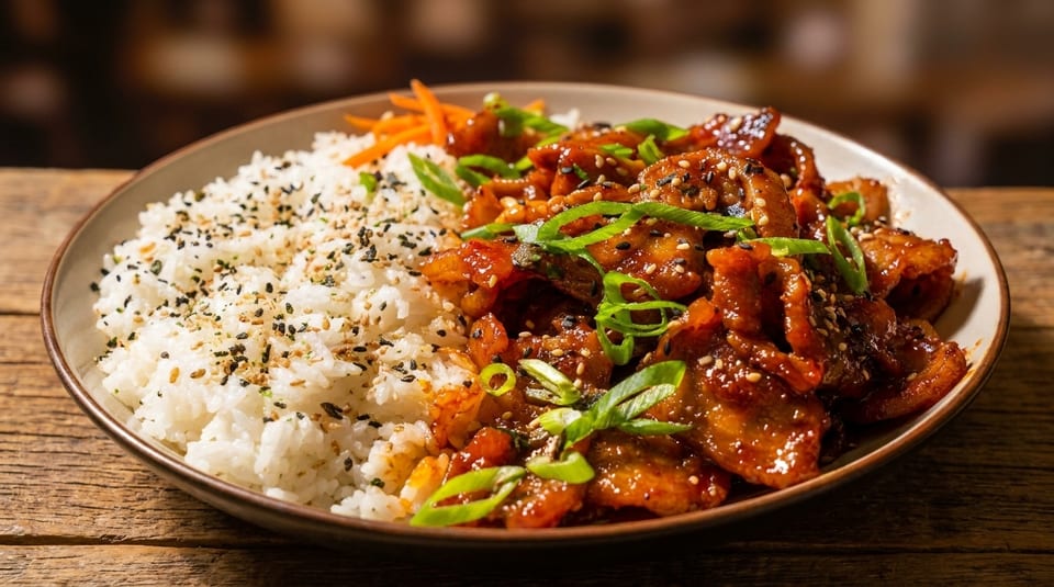 A plate of orange chicken with white rice, garnished with green onions and sesame seeds.