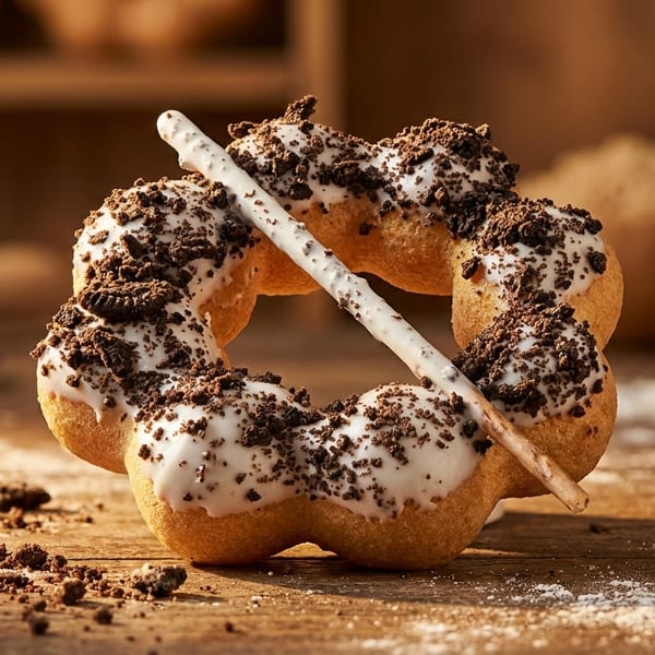 A ring-shaped donut with white icing and chocolate cookie crumbles, on a wooden table.