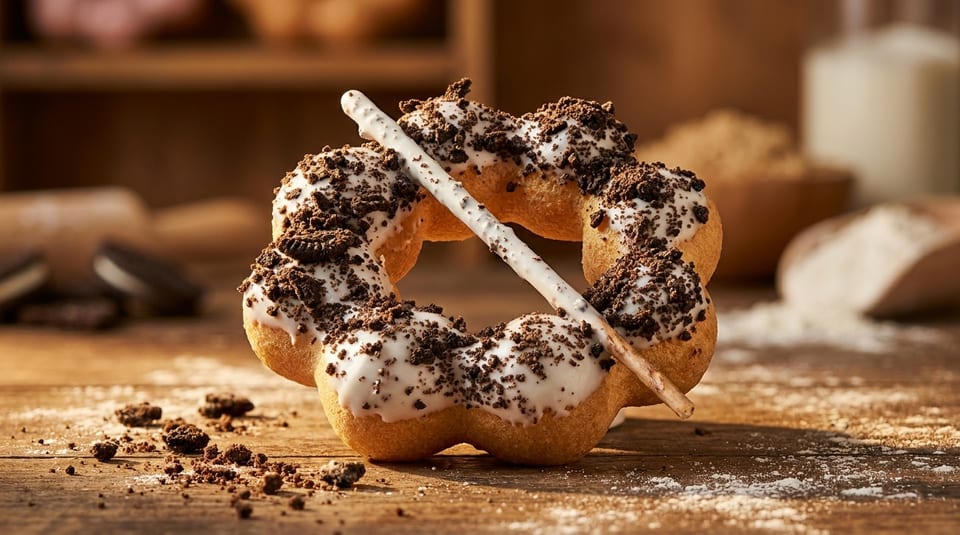 A ring-shaped donut with white icing and chocolate cookie crumbles, on a wooden table.