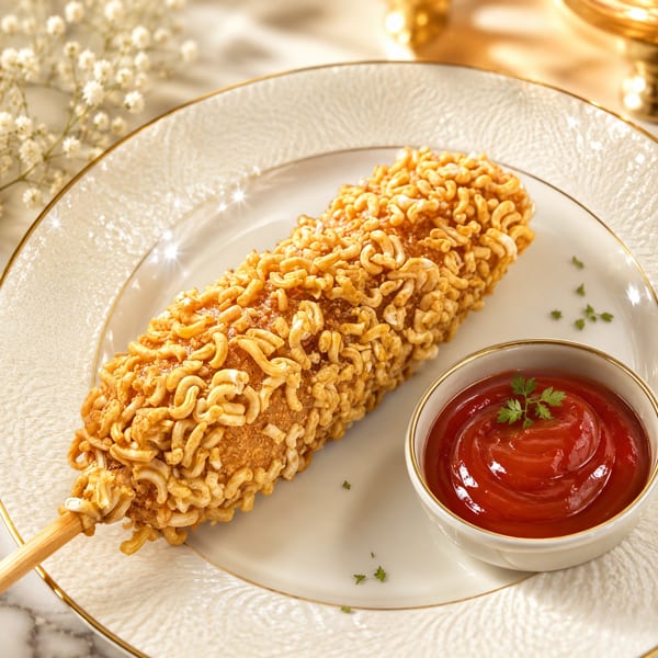 A crispy ramen-crusted corn dog on a white plate with a side of ketchup, garnished with parsley.