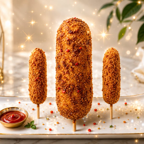 Three golden-brown corn dogs with crispy toppings on a white plate with ketchup, sparkling with lights.
