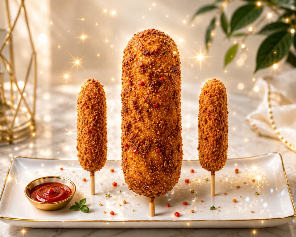Three golden-brown corn dogs with crispy toppings on a white plate with ketchup, sparkling with lights.