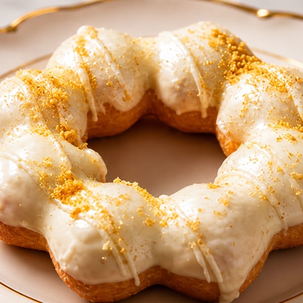 A golden-brown mochi donut with white glaze and gold sprinkles on a white and gold plate.