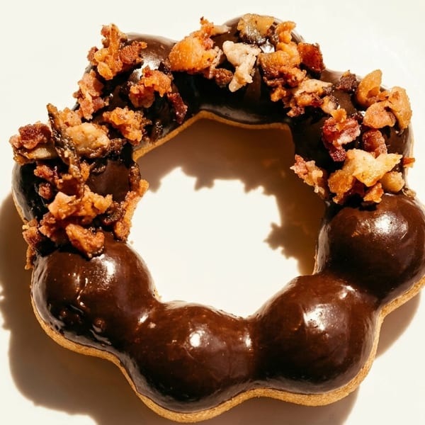A chocolate-glazed mochi donut topped with crispy bacon bits, casting a shadow on a white surface.