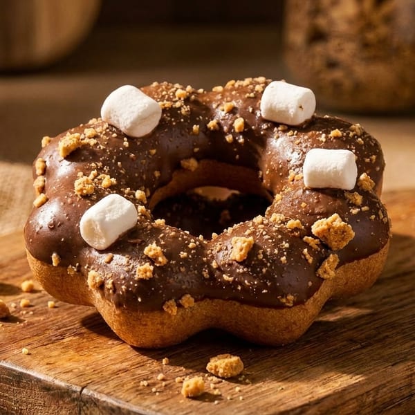A chocolate-glazed donut with marshmallows and graham cracker crumbles on a wooden board.