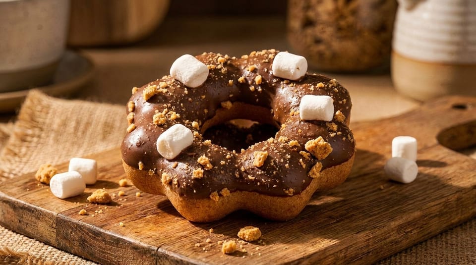 A chocolate-glazed donut with marshmallows and graham cracker crumbles on a wooden board.