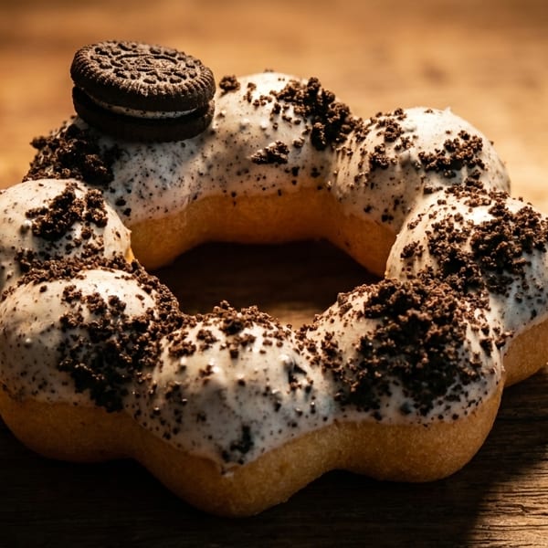 A cookies and cream mochi donut with an Oreo cookie on top, on a wooden surface.