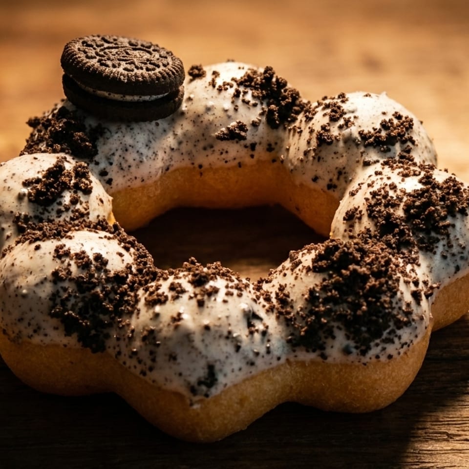 A cookies and cream mochi donut with an Oreo cookie on top, on a wooden surface.