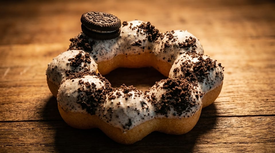 A cookies and cream mochi donut with an Oreo cookie on top, on a wooden surface.